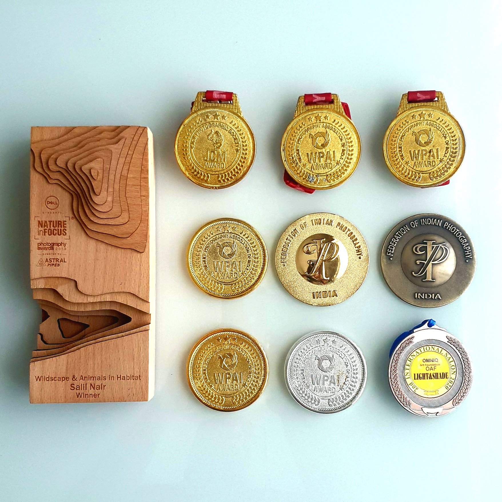 Salil Nair wildlife photography award medals — WPAI, FIP, Nature in Focus